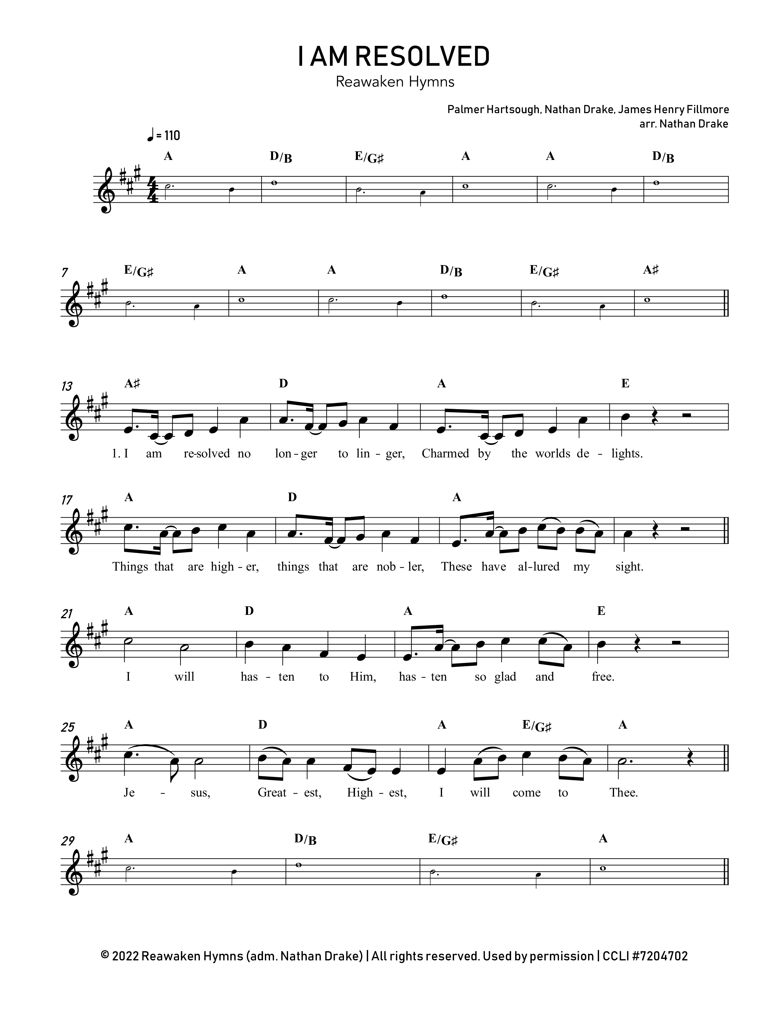 I Am Resolved  Lead Sheet Melody (Reawaken Hymns)