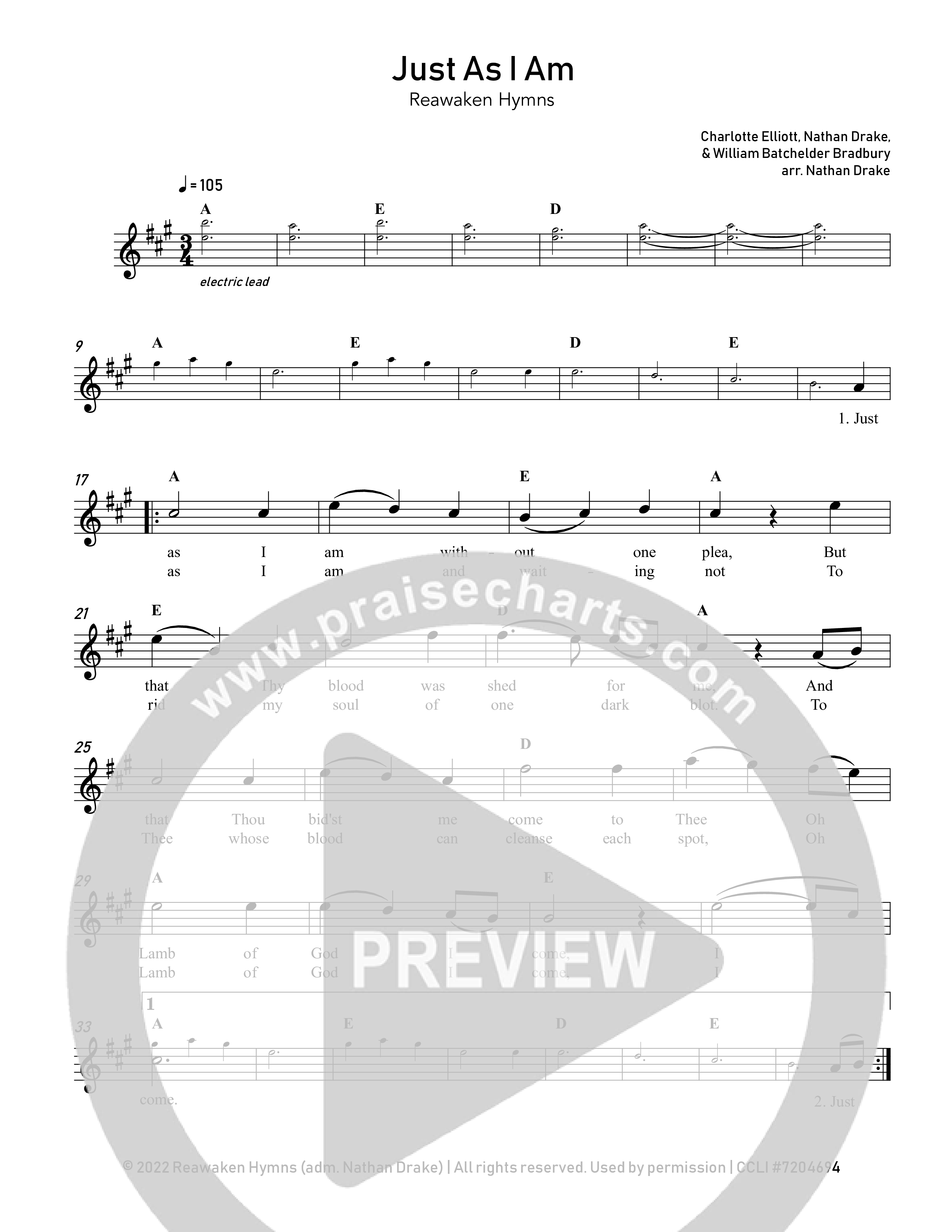 Just As I Am  Lead Sheet Melody (Reawaken Hymns)