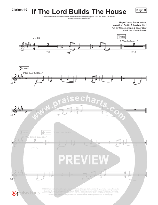 If The Lord Builds The House (Choral Anthem SATB) Clarinet 1,2 (Hope Darst / Jon Reddick / Arr. Mason Brown)