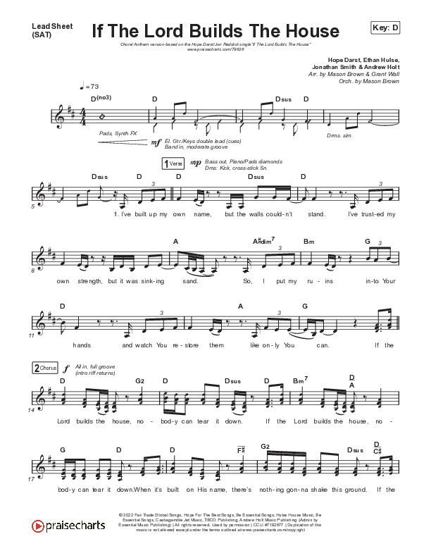 If The Lord Builds The House (Choral Anthem SATB) Lead Sheet (SAT) (Hope Darst / Jon Reddick / Arr. Mason Brown)