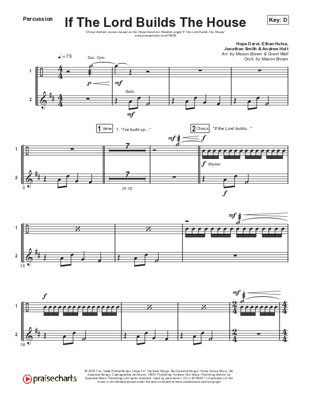 If The Lord Builds The House (Choral Anthem SATB) Percussion (Hope Darst / Jon Reddick / Arr. Mason Brown)