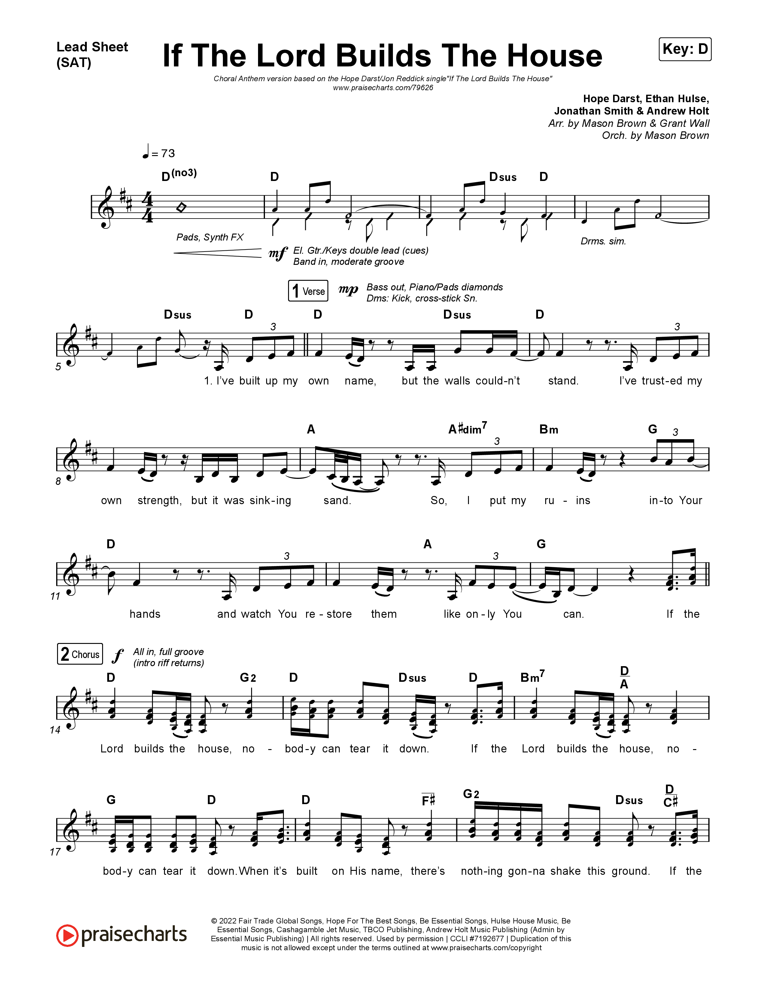 If The Lord Builds The House (Choral Anthem SATB) Lead Sheet (SAT) (Hope Darst / Jon Reddick / Arr. Mason Brown)