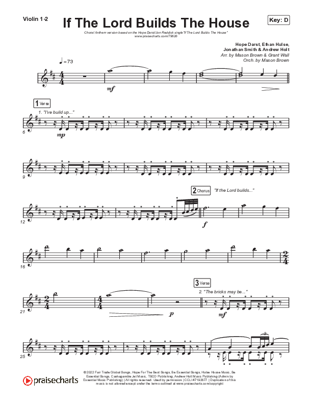 If The Lord Builds The House (Choral Anthem SATB) Violin 1,2 (Hope Darst / Jon Reddick / Arr. Mason Brown)
