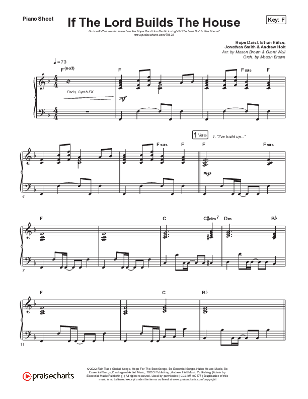If The Lord Builds The House (Unison/2-Part Choir) Piano Sheet (Hope Darst / Jon Reddick / Arr. Mason Brown)