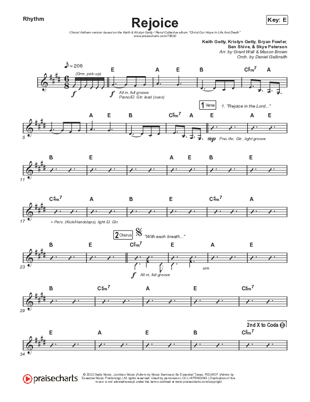 Rejoice (Choral Anthem SATB) Rhythm Chart (Keith & Kristyn Getty / Rend Collective / Arr. Mason Brown)