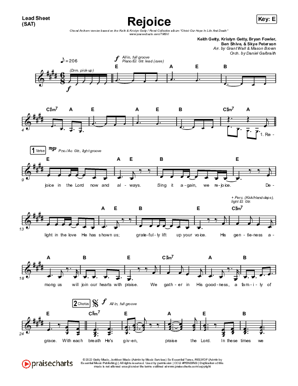 Rejoice (Choral Anthem SATB) Lead Sheet (SAT) (Keith & Kristyn Getty / Rend Collective / Arr. Mason Brown)