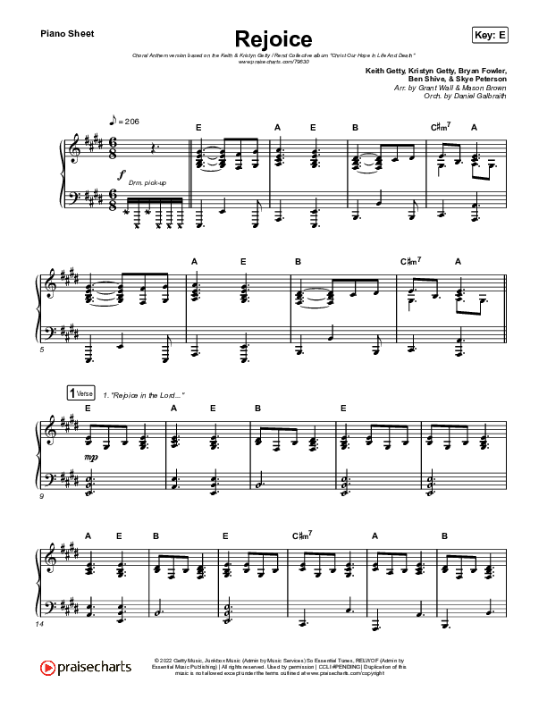 Rejoice (Choral Anthem SATB) Piano Sheet (Keith & Kristyn Getty / Rend Collective / Arr. Mason Brown)