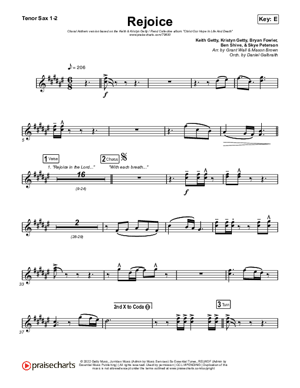 Rejoice (Choral Anthem SATB) Tenor Sax 1,2 (Keith & Kristyn Getty / Rend Collective / Arr. Mason Brown)