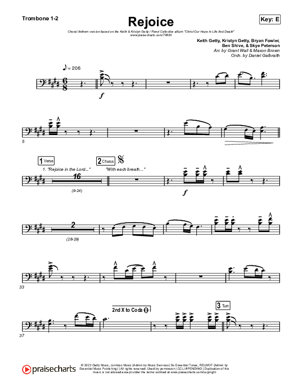 Rejoice (Choral Anthem SATB) Trombone 1,2 (Keith & Kristyn Getty / Rend Collective / Arr. Mason Brown)