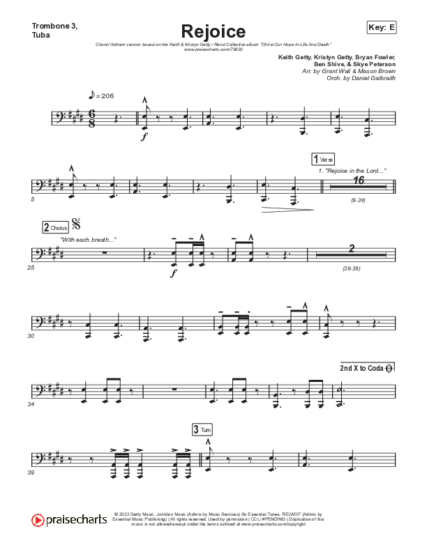 Rejoice (Choral Anthem SATB) Trombone 3/Tuba (Keith & Kristyn Getty / Rend Collective / Arr. Mason Brown)