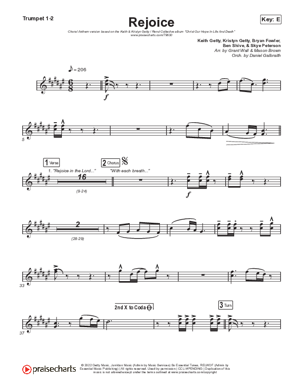 Rejoice (Choral Anthem SATB) Trumpet 1,2 (Keith & Kristyn Getty / Rend Collective / Arr. Mason Brown)