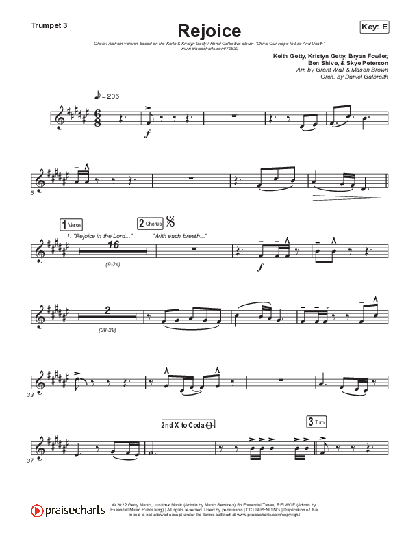 Rejoice (Choral Anthem SATB) Trumpet 3 (Keith & Kristyn Getty / Rend Collective / Arr. Mason Brown)