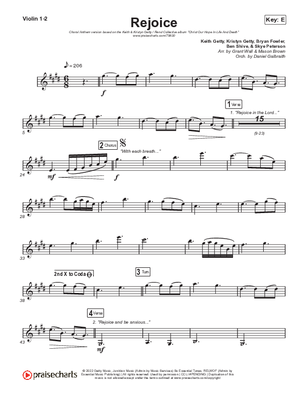Rejoice (Choral Anthem SATB) Violin 1,2 (Keith & Kristyn Getty / Rend Collective / Arr. Mason Brown)