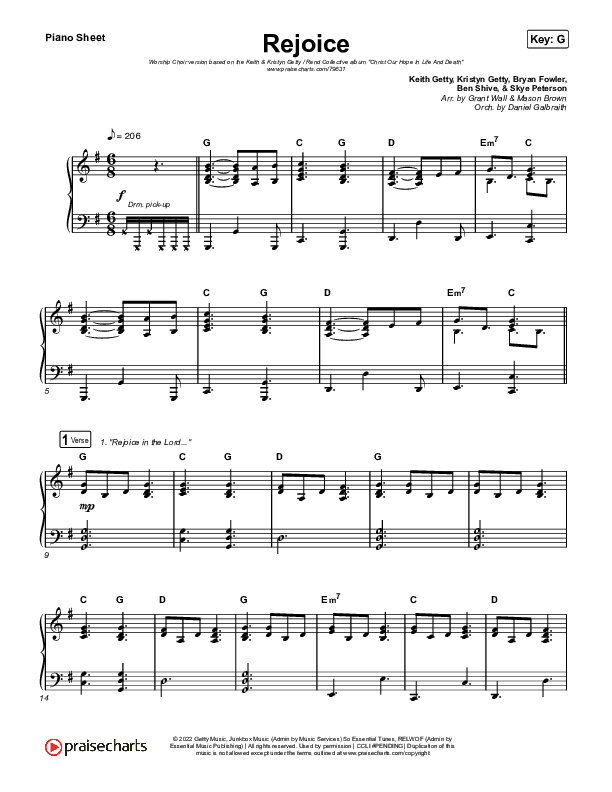 Rejoice (Worship Choir SAB) Piano Sheet (Keith & Kristyn Getty / Rend Collective / Arr. Mason Brown)