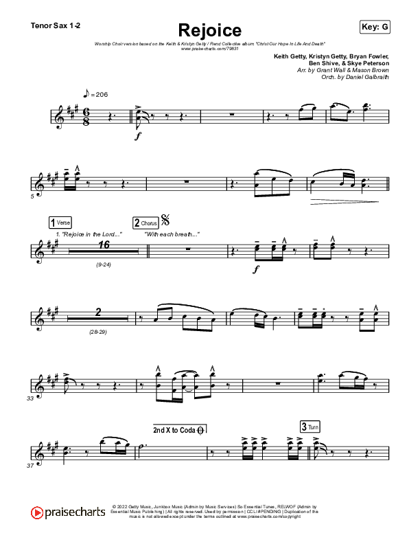 Rejoice (Worship Choir SAB) Tenor Sax 1/2 (Keith & Kristyn Getty / Rend Collective / Arr. Mason Brown)