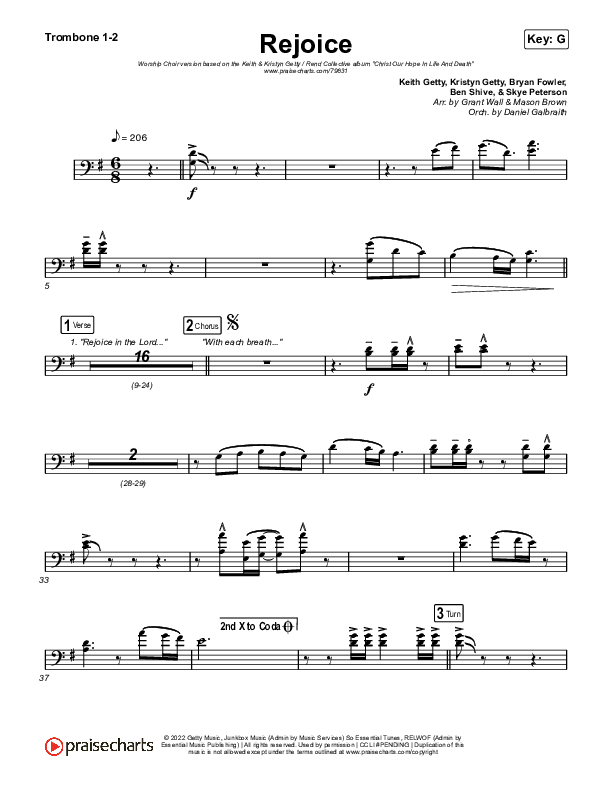 Rejoice (Worship Choir SAB) Trombone 1/2 (Keith & Kristyn Getty / Rend Collective / Arr. Mason Brown)