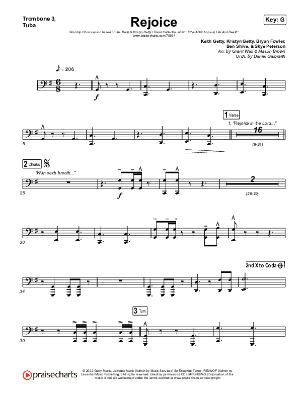 Rejoice (Worship Choir SAB) Trombone 3/Tuba (Keith & Kristyn Getty / Rend Collective / Arr. Mason Brown)