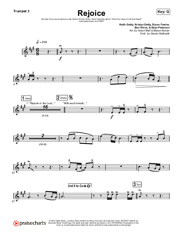 Rejoice (Worship Choir SAB) Trumpet 3 (Keith & Kristyn Getty / Rend Collective / Arr. Mason Brown)