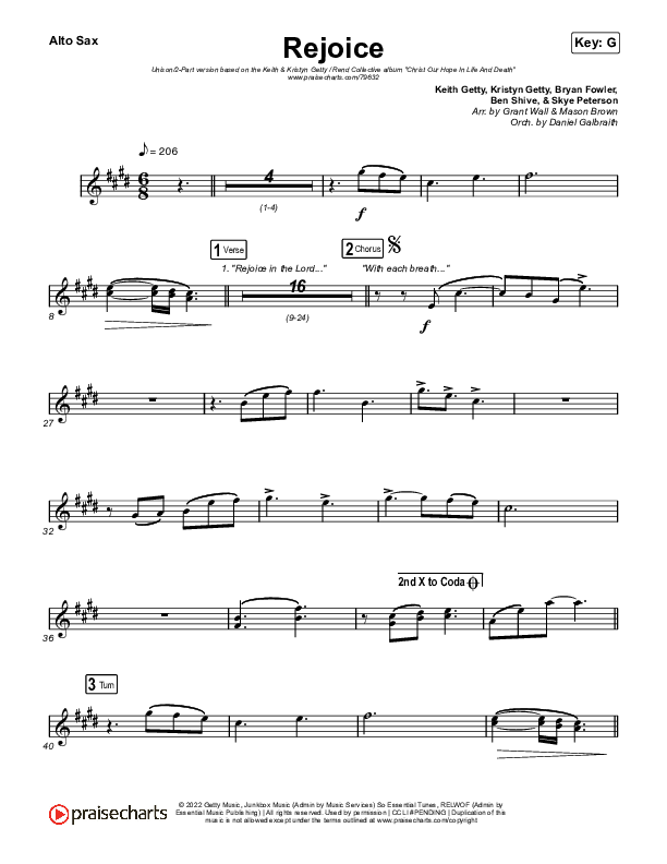 Rejoice (Unison/2-Part Choir) Alto Sax (Keith & Kristyn Getty / Rend Collective / Arr. Mason Brown)