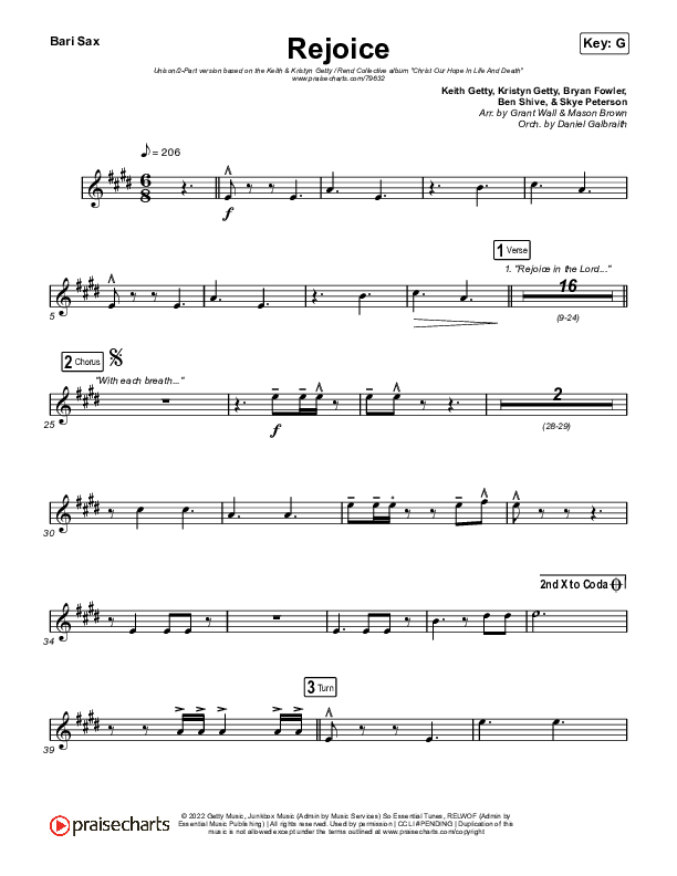 Rejoice (Unison/2-Part Choir) Bari Sax (Keith & Kristyn Getty / Rend Collective / Arr. Mason Brown)