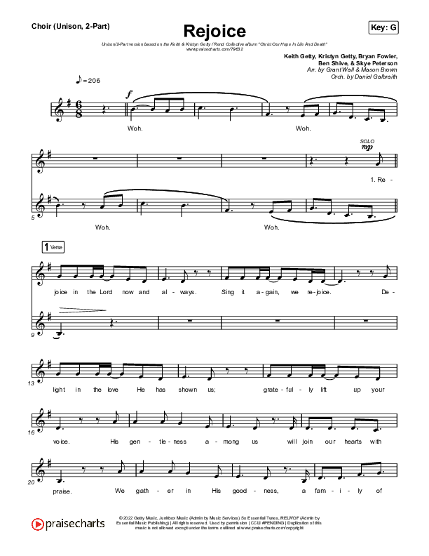 Rejoice (Unison/2-Part Choir) Choir Vocals (Uni/2-Part) (Keith & Kristyn Getty / Rend Collective / Arr. Mason Brown)