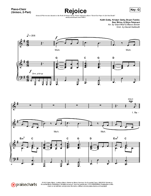 Rejoice (Unison/2-Part Choir) Piano/Choir  (Uni/2-Part) (Keith & Kristyn Getty / Rend Collective / Arr. Mason Brown)