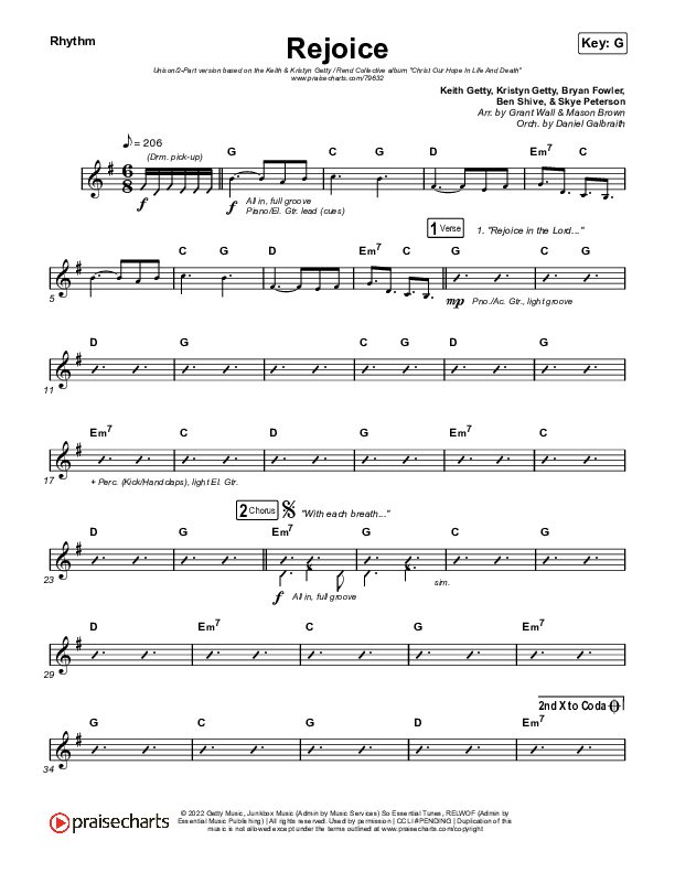 Rejoice (Unison/2-Part Choir) Rhythm Chart (Keith & Kristyn Getty / Rend Collective / Arr. Mason Brown)
