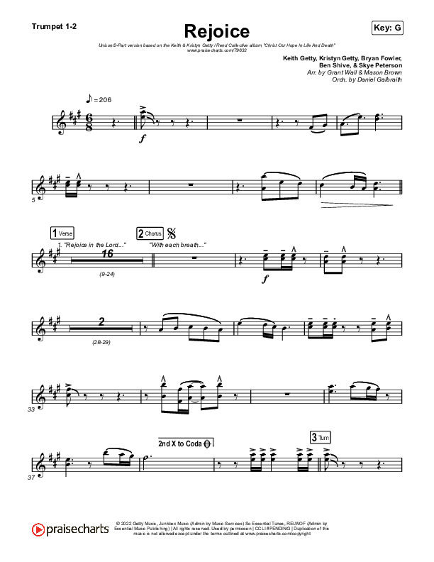 Rejoice (Unison/2-Part Choir) Trumpet 1,2 (Keith & Kristyn Getty / Rend Collective / Arr. Mason Brown)