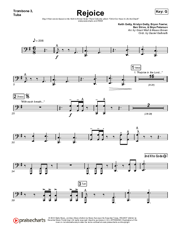 Rejoice (Sing It Now SATB) Trombone 3/Tuba (Keith & Kristyn Getty / Rend Collective / Arr. Mason Brown)