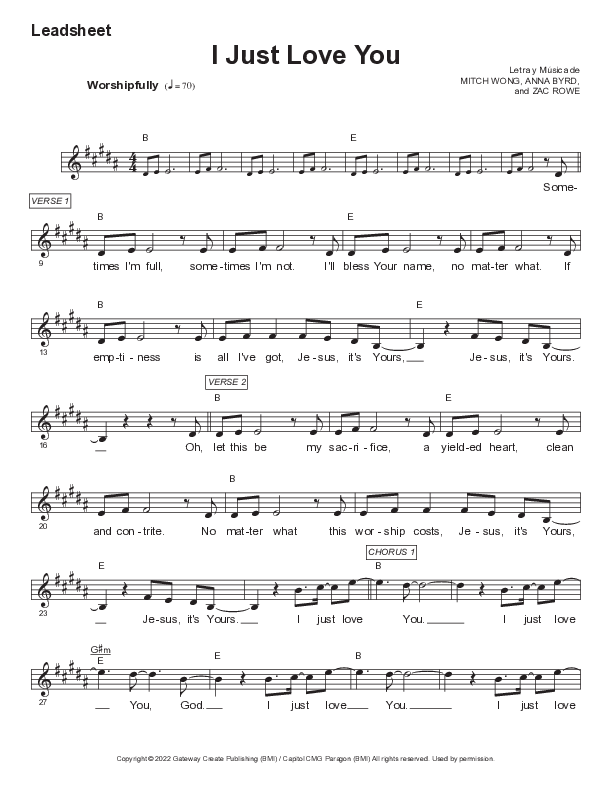 I Just Love You Lead Sheet Melody (Gateway Worship)