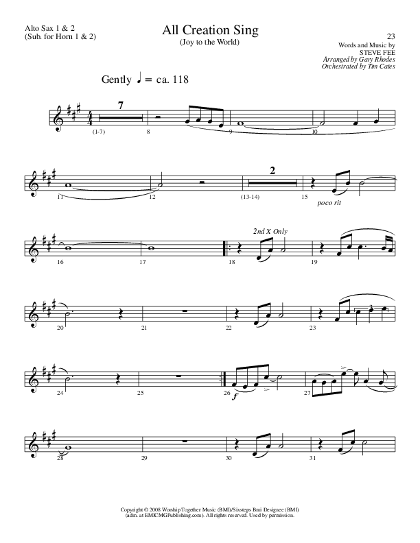 All Creation Sing (Joy To The World) (Choral Anthem SATB) Alto Sax (Lillenas Choral / Arr. Gary Rhodes / Orch. Tim Cates)