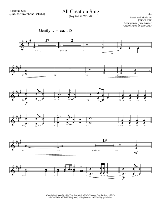 All Creation Sing (Joy To The World) (Choral Anthem SATB) Bari Sax (Lillenas Choral / Arr. Gary Rhodes / Orch. Tim Cates)