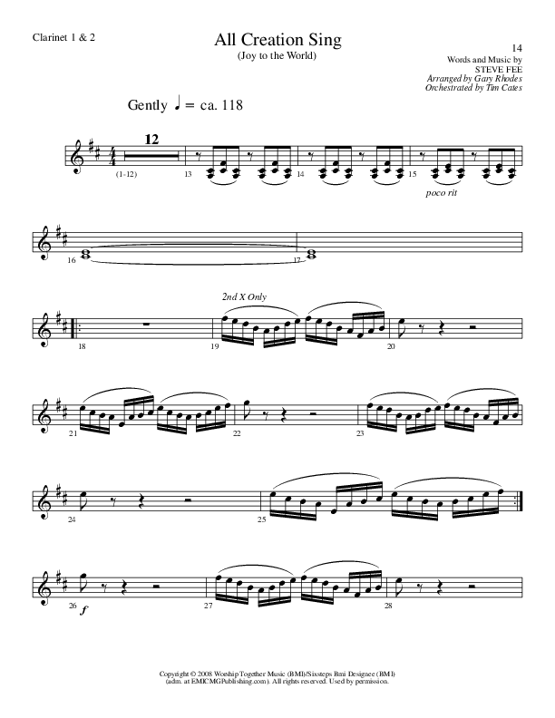All Creation Sing (Joy To The World) (Choral Anthem SATB) Clarinet 1/2 (Lillenas Choral / Arr. Gary Rhodes / Orch. Tim Cates)
