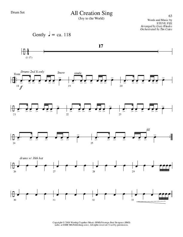 All Creation Sing (Joy To The World) (Choral Anthem SATB) Drum Set (Lillenas Choral / Arr. Gary Rhodes / Orch. Tim Cates)