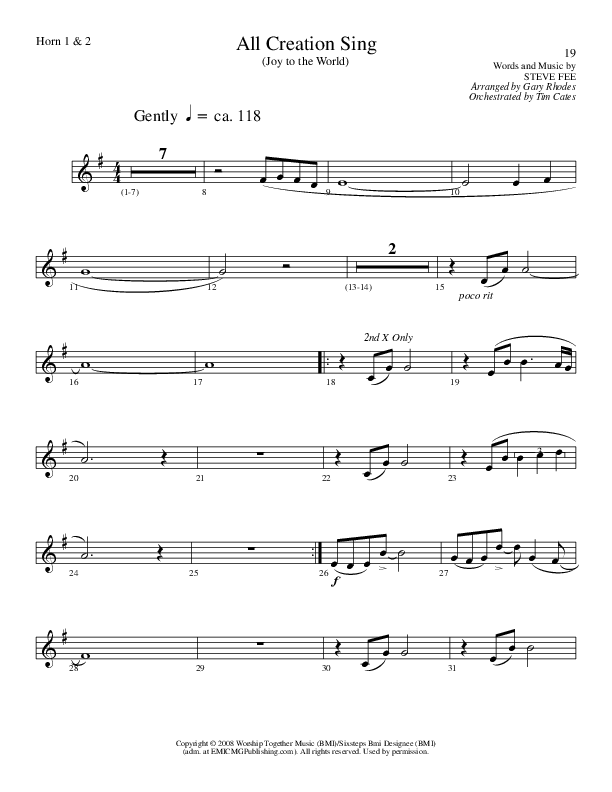 All Creation Sing (Joy To The World) (Choral Anthem SATB) French Horn (Lillenas Choral / Arr. Gary Rhodes / Orch. Tim Cates)