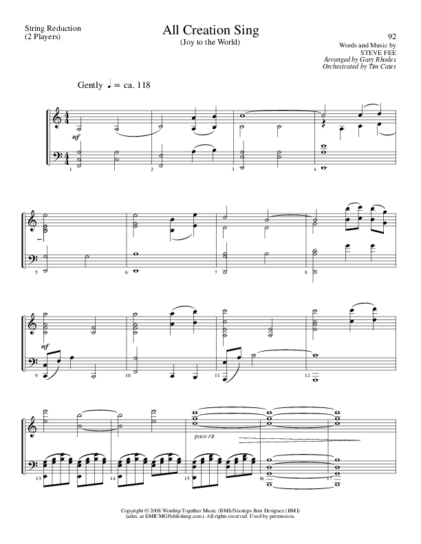 All Creation Sing (Joy To The World) (Choral Anthem SATB) String Reduction (Lillenas Choral / Arr. Gary Rhodes / Orch. Tim Cates)