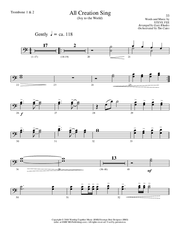 All Creation Sing (Joy To The World) (Choral Anthem SATB) Trombone 1/2 (Lillenas Choral / Arr. Gary Rhodes / Orch. Tim Cates)