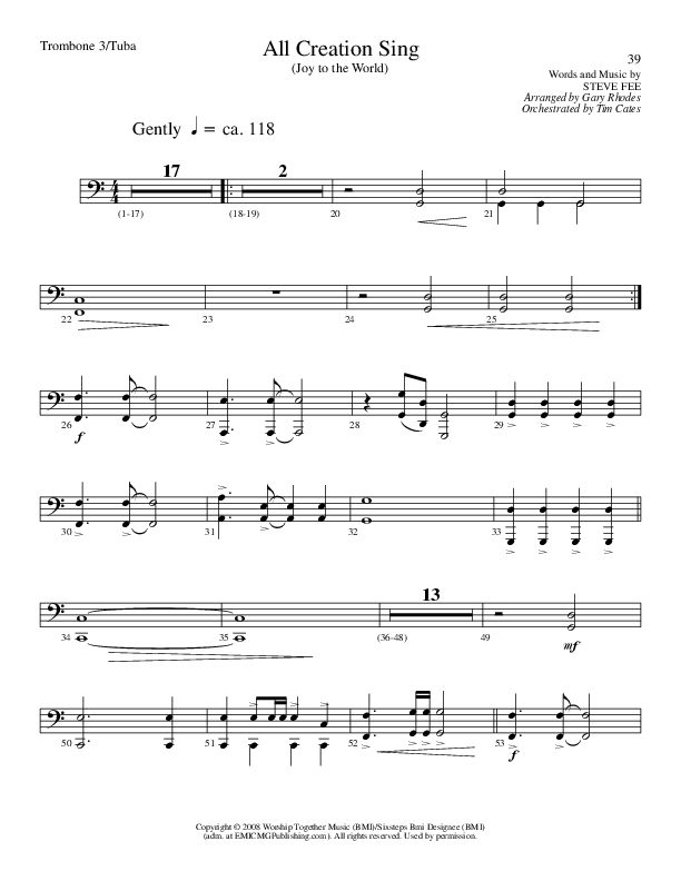 All Creation Sing (Joy To The World) (Choral Anthem SATB) Trombone 3/Tuba (Lillenas Choral / Arr. Gary Rhodes / Orch. Tim Cates)