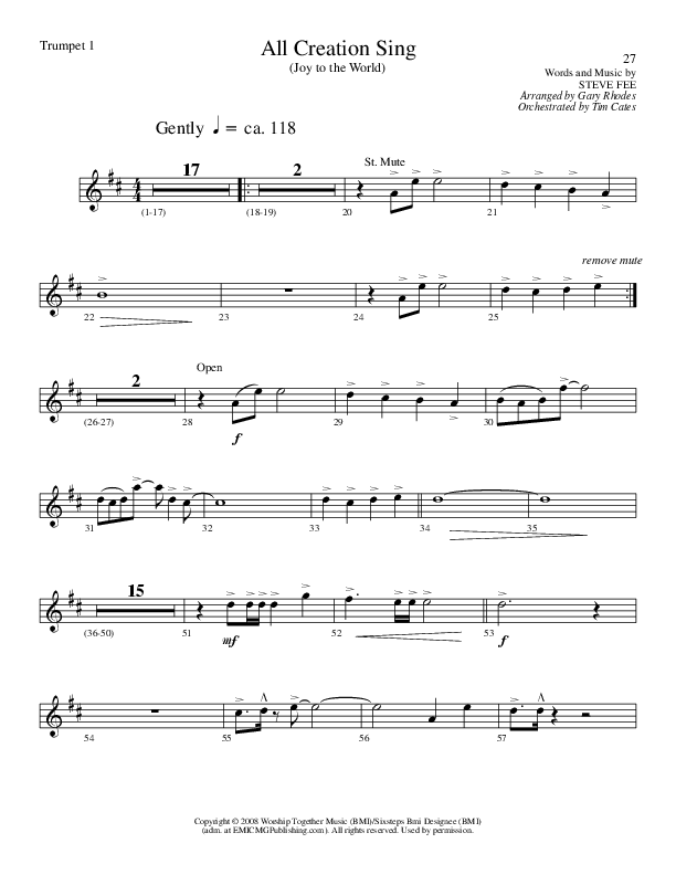 All Creation Sing (Joy To The World) (Choral Anthem SATB) Trumpet 1 (Lillenas Choral / Arr. Gary Rhodes / Orch. Tim Cates)