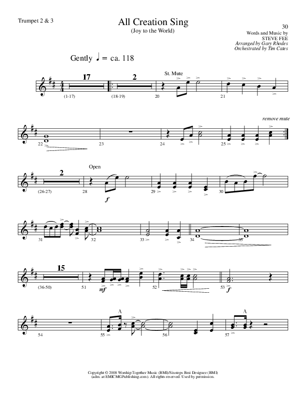 All Creation Sing (Joy To The World) (Choral Anthem SATB) Trumpet 2/3 (Lillenas Choral / Arr. Gary Rhodes / Orch. Tim Cates)