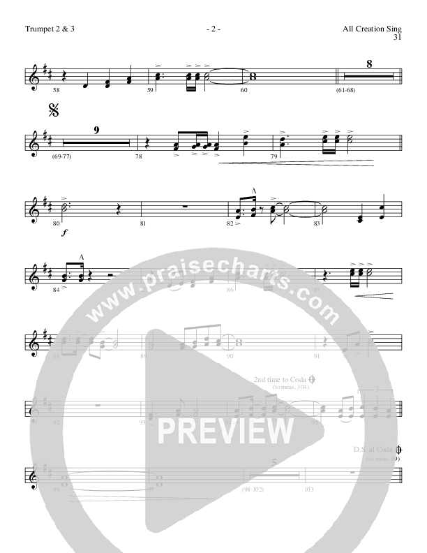 All Creation Sing (Joy To The World) (Choral Anthem SATB) Trumpet 2/3 (Lillenas Choral / Arr. Gary Rhodes / Orch. Tim Cates)