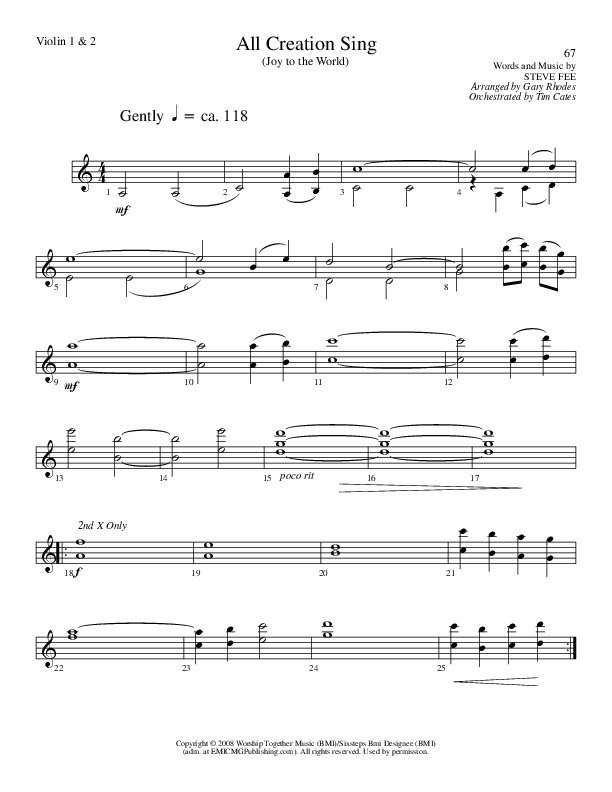 All Creation Sing (Joy To The World) (Choral Anthem SATB) Violin 1/2 (Lillenas Choral / Arr. Gary Rhodes / Orch. Tim Cates)
