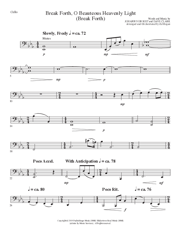 Break Forth O Beauteous Heavenly Light (Break Forth) (Choral Anthem SATB) Cello (Lillenas Choral / Arr. Ed Hogan)