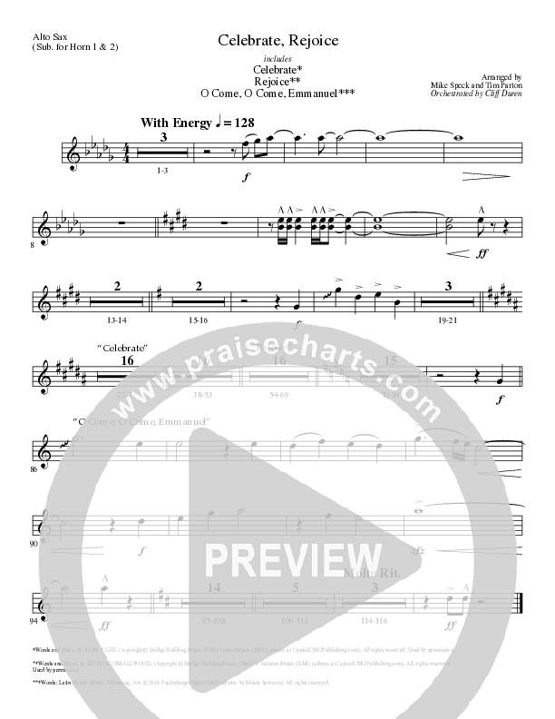 Celebrate Rejoice with O Come O Come Emmanuel (Choral Anthem SATB) Alto Sax (Lillenas Choral / Arr. Mike Speck / Arr. Tim Parton / Orch. Cliff Duren)