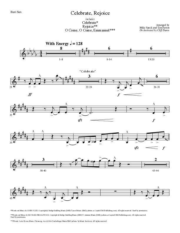Celebrate Rejoice with O Come O Come Emmanuel (Choral Anthem SATB) Bari Sax (Lillenas Choral / Arr. Mike Speck / Arr. Tim Parton / Orch. Cliff Duren)
