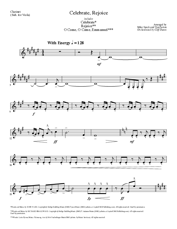 Celebrate Rejoice with O Come O Come Emmanuel (Choral Anthem SATB) Clarinet 3 (Lillenas Choral / Arr. Mike Speck / Arr. Tim Parton / Orch. Cliff Duren)