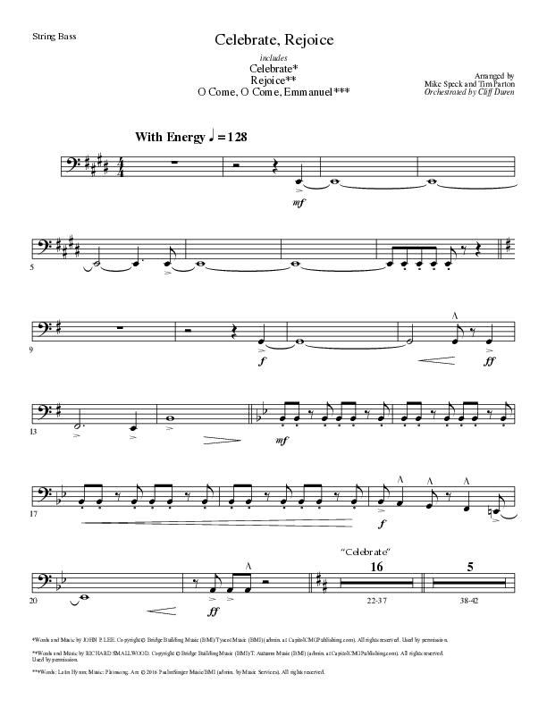 Celebrate Rejoice with O Come O Come Emmanuel (Choral Anthem SATB) Double Bass (Lillenas Choral / Arr. Mike Speck / Arr. Tim Parton / Orch. Cliff Duren)
