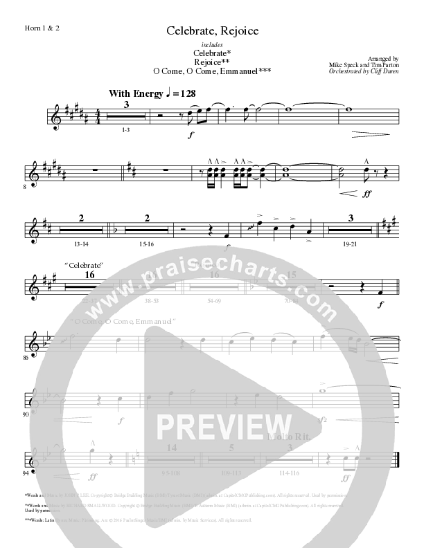 Celebrate Rejoice with O Come O Come Emmanuel (Choral Anthem SATB) French Horn 1/2 (Lillenas Choral / Arr. Mike Speck / Arr. Tim Parton / Orch. Cliff Duren)