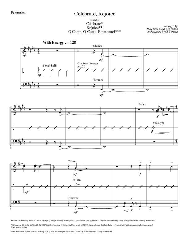 Celebrate Rejoice with O Come O Come Emmanuel (Choral Anthem SATB) Percussion (Lillenas Choral / Arr. Mike Speck / Arr. Tim Parton / Orch. Cliff Duren)