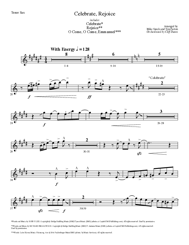 Celebrate Rejoice with O Come O Come Emmanuel (Choral Anthem SATB) Tenor Sax/Baritone T.C. (Lillenas Choral / Arr. Mike Speck / Arr. Tim Parton / Orch. Cliff Duren)